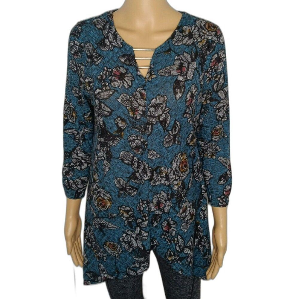 Apt. 9 Women's Medium Floral Blue Casual Long Sleeve Peasant Tunic Top Blouse